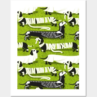 Spooktacular long dachshunds // pattern // bahia green background mummy ghost and skeleton dogs Posters and Art